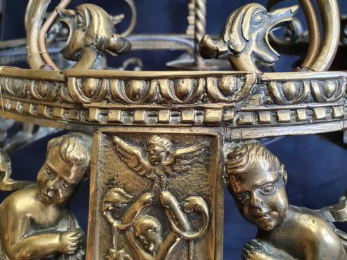 EDWARDIAN BRASS 4 LIGHT CHANDELIER WITH CHERUBS - ADDITIONAL PHOTO 7