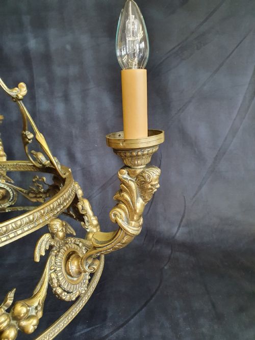 EDWARDIAN BRASS 4 LIGHT CHANDELIER WITH CHERUBS - ADDITIONAL PHOTO 8