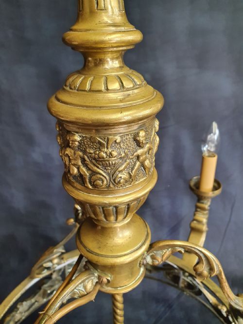 EDWARDIAN BRASS 4 LIGHT CHANDELIER WITH CHERUBS - ADDITIONAL PHOTO 9