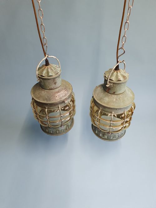 PAIR OF EARLY 20TH CENTURY VERDIGRE GREEN ANCHOR LANTERNS - ADDITIONAL PHOTO 5