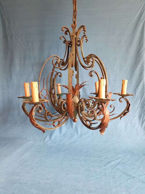 early 20th century steel c scroll green chandelier - CATEGORY: ANTIQUE LIGHTING - DATED 1930