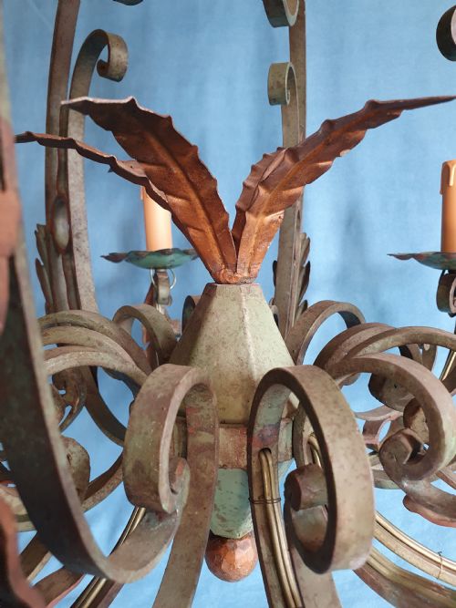 EARLY 20TH CENTURY STEEL C SCROLL GREEN CHANDELIER - ADDITIONAL PHOTO 7