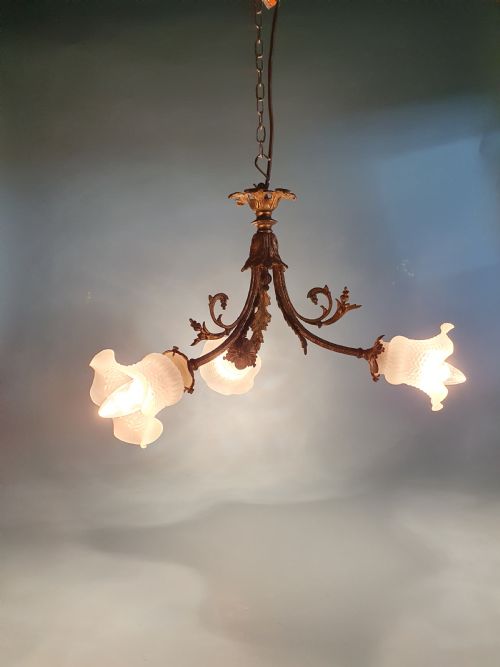 EARLY 20TH CENTURY GUILT BRASS CHANDELIER WITH THREE GLASS SHADES - ADDITIONAL PHOTO 3