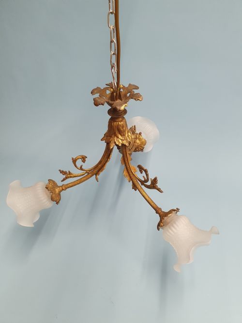 EARLY 20TH CENTURY GUILT BRASS CHANDELIER WITH THREE GLASS SHADES - ADDITIONAL PHOTO 6