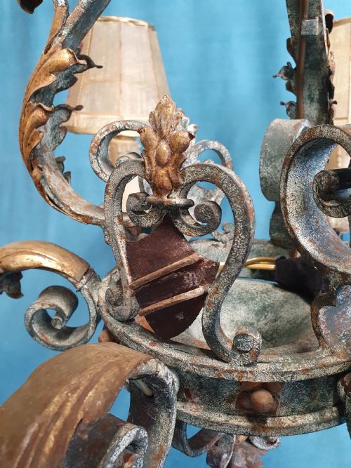 LARGE SIX ARM STEEL PATINATED CHANDELIER WITH VENOM SHADES - ADDITIONAL PHOTO 4