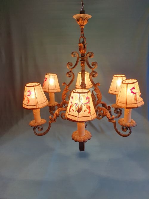 LARGE SIX ARM STEEL PATINATED CHANDELIER WITH VENOM SHADES - ADDITIONAL PHOTO 5