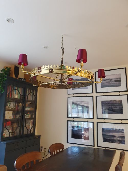 large brass chandelier with coronet top 43 - CATEGORY: ANTIQUE LIGHTING - DATED 1850