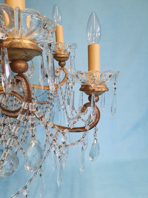 LARGE IMPRESSIVE CHANDELIER 12 WITH GILT ARMS DECORATED IN CUT GLASS CRYSTAL - ADDITIONAL PHOTO 8