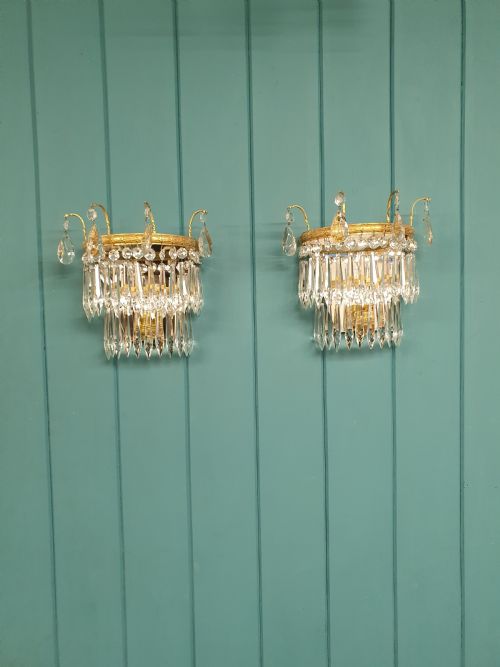 antique pair of cut glass crystal wall lights - CATEGORY: ANTIQUE LIGHTING - DATED 1930