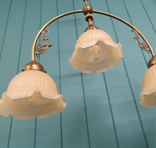 EDWARDIAN THREE LIGHT BRASS CHANDELIER WITH GLASS SHADES 23 - ADDITIONAL PHOTO 1
