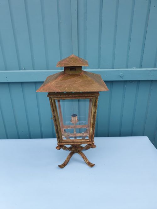 VICTORIAN GREEN PAINTED GARDEN LANTERN CONVERTED FROM GAS