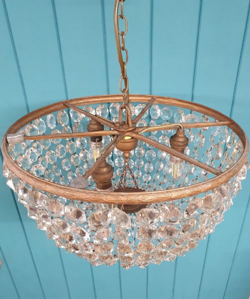 ANTIQUE EARLY 20TH CENTURY BRASS CUT GLASS BAG CHANDELIER 16 - ADDITIONAL PHOTO 5