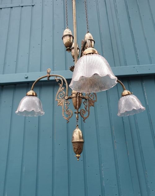 ANTIQUE BRASS RISE AND FALL CHANDELIER WITH GLASS SHADES - ADDITIONAL PHOTO 2