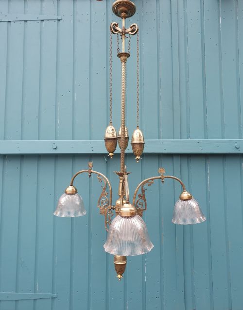 ANTIQUE BRASS RISE AND FALL CHANDELIER WITH GLASS SHADES