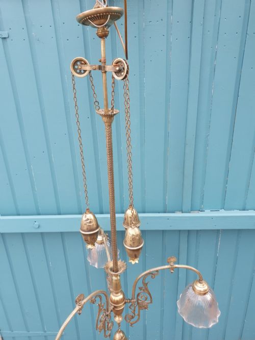 ANTIQUE BRASS RISE AND FALL CHANDELIER WITH GLASS SHADES - ADDITIONAL PHOTO 6