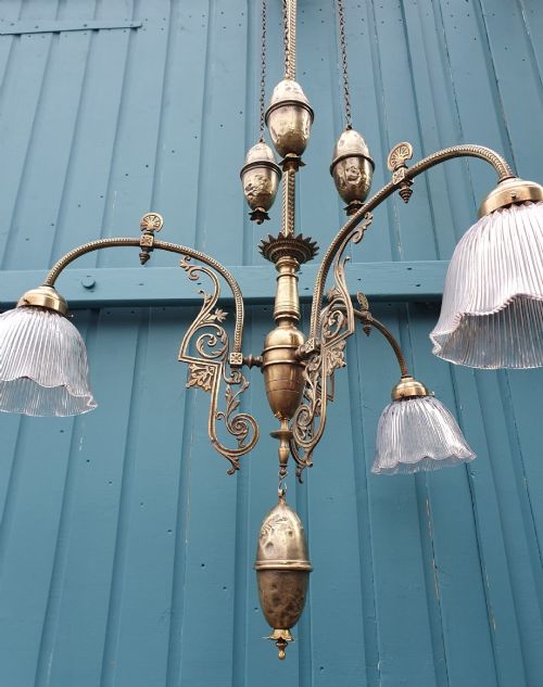 ANTIQUE BRASS RISE AND FALL CHANDELIER WITH GLASS SHADES - ADDITIONAL PHOTO 11