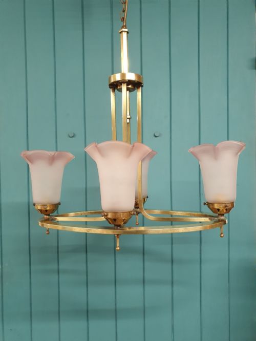 ART DECO BRASS GLASS FOUR LIGHT CHANDELIER 22