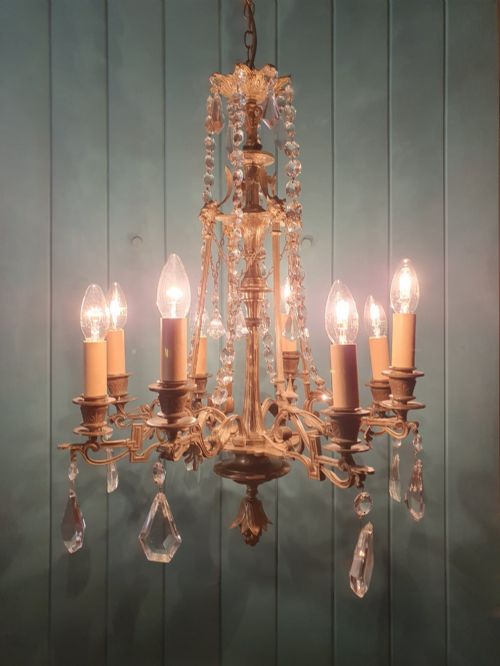 CIRCA 1900 EIGHT ARM BRASS CUT GLASS CRYSTAL CHANDELIER WITH LION MASKS 21 - ADDITIONAL PHOTO 2