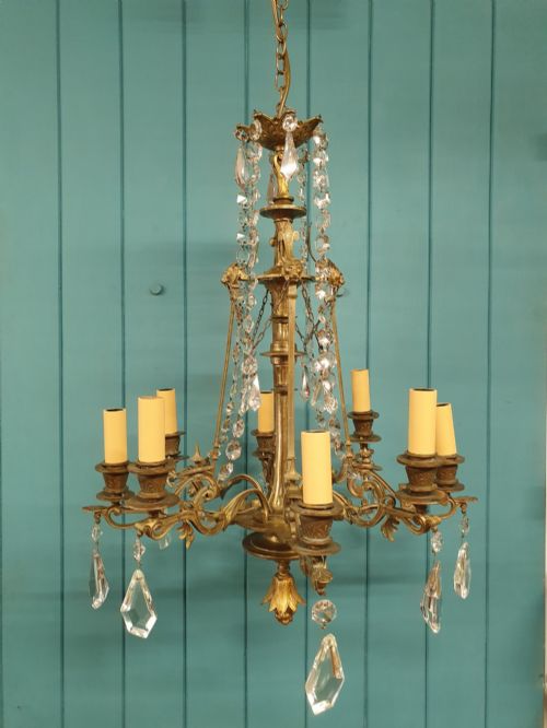 CIRCA 1900 EIGHT ARM BRASS CUT GLASS CRYSTAL CHANDELIER WITH LION MASKS 21 - ADDITIONAL PHOTO 5