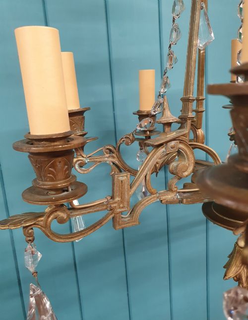 CIRCA 1900 EIGHT ARM BRASS CUT GLASS CRYSTAL CHANDELIER WITH LION MASKS 21 - ADDITIONAL PHOTO 6