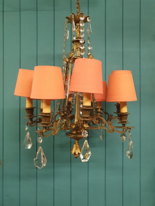 CIRCA 1900 EIGHT ARM BRASS CUT GLASS CRYSTAL CHANDELIER WITH LION MASKS 21 - ADDITIONAL PHOTO 9
