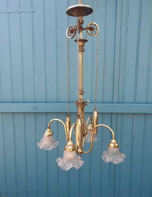 ANTIQUE FOUR ARM BRASS RISE AND FALL CHANDELIER 24
