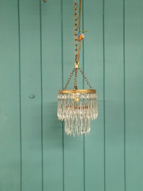 Early 20th Century Small Brass & Cut Glass Crystal Spike Chandelier 6"