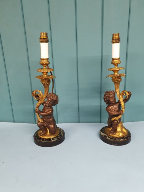 Pair of Bronze Cherub Table Lamps C1920