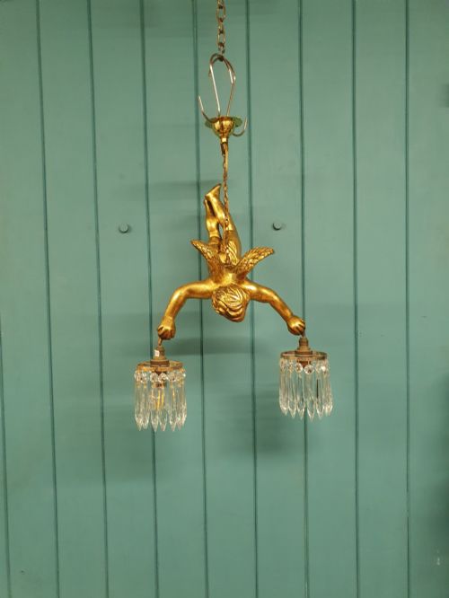 Antique Gilt Spelter Flying Cherub with Two Cut Glass Crystal Spike Chandeliers