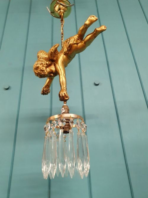 Antique Gilt Spelter Flying Cherub with Cut Glass Crystal Spike Chandelier 9"