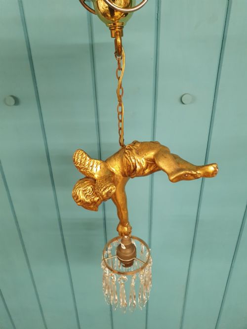 fig 1. Antique Gilt Spelter Flying Cherub with Cut Glass Crystal Spike Chandelier 9