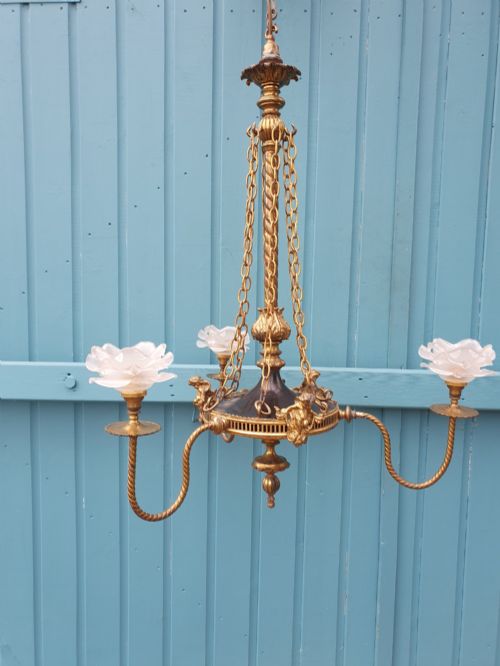 French Brass & Ebonised Three Arm Antique Chandelier 19"