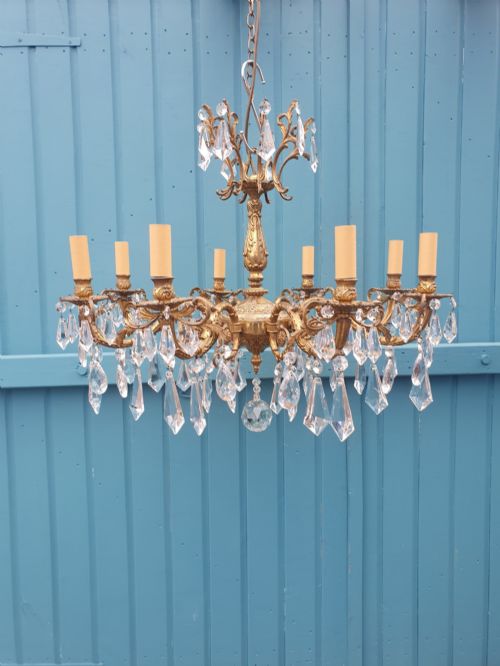 Large French Gilt Brass Eight-arm Cut Glass Crystal Chandelier 27"