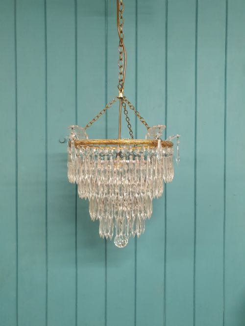 Early 20th Century Four Tier Cut Glass Crystal Spike Chandelier 15"
