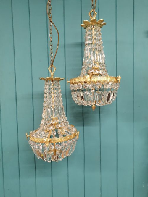 Pair of Early 20th Century Cut Glass Crystal Tent Chandeliers 12"