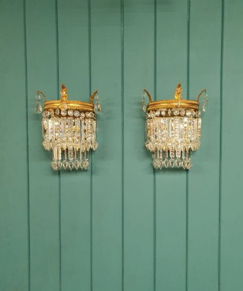 Pair of Antique Gilt Brass Cut Glass Crystal Wall Lights