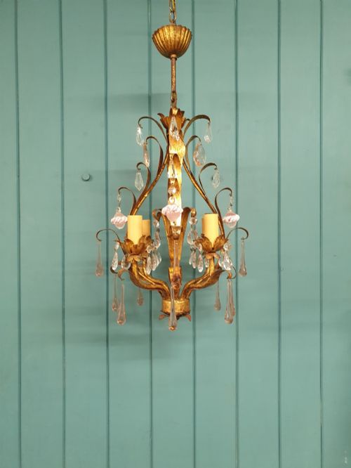 Early 20th Century French Gilt Metal Chandelier with Pink Glass Drops 13"