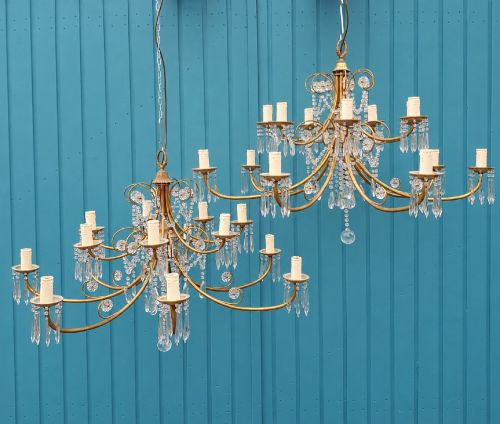 Unusual Pair of Two Tier 14 Arm Cut Glass Crystal Chandeliers 43"
