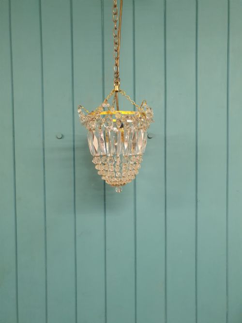 Early 20th Century Gilt Brass Crystal Bag Chandelier 9"