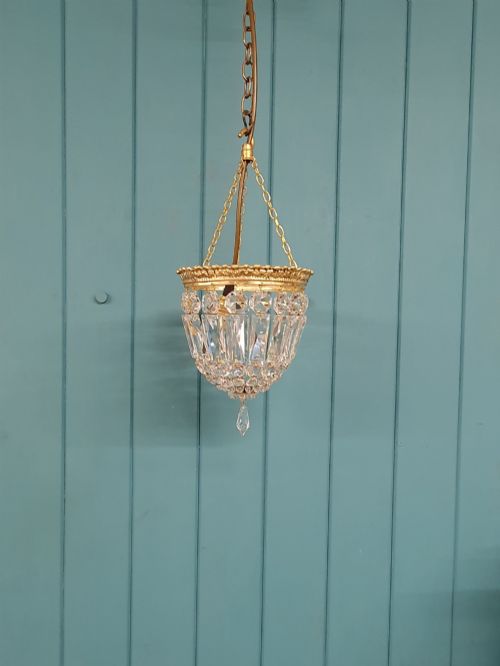 Early 20th Century Gilt Brass Crystal Basket Chandelier 7"
