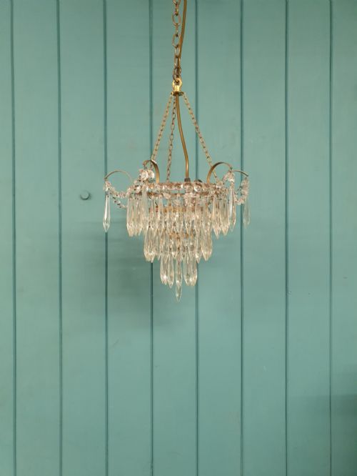 Early 20th Century Brass Crystal Chandelier with Cut Glass Drops 12"