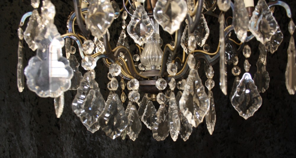 Large antique French Brass cage chandelier. View VI
