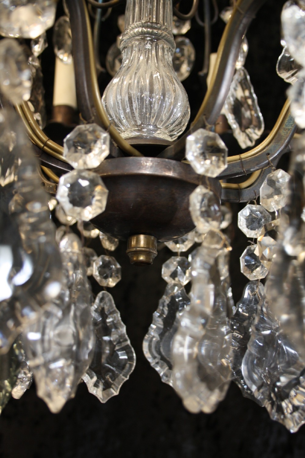 Large antique French Brass cage chandelier. View VII