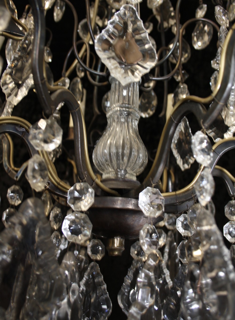 Large antique French Brass cage chandelier. View VIII