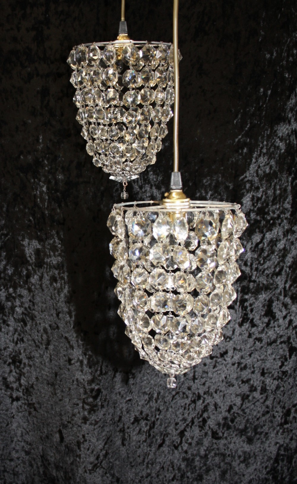 Pair of early 20th century bag chandeliers with glass hexagon motif