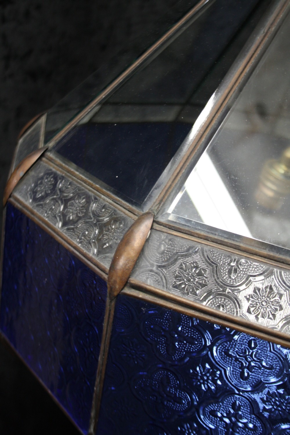 Early 20th century large blue hall lantern with bevelled glass  View II