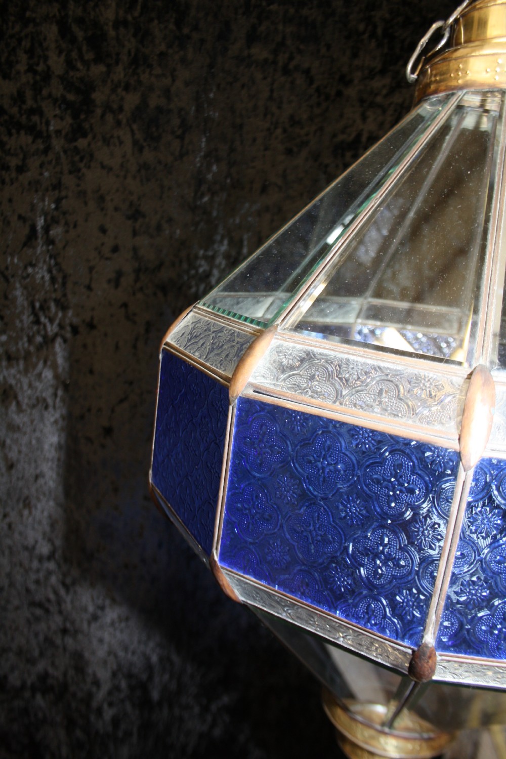 Early 20th century large blue hall lantern with bevelled glass  View VI