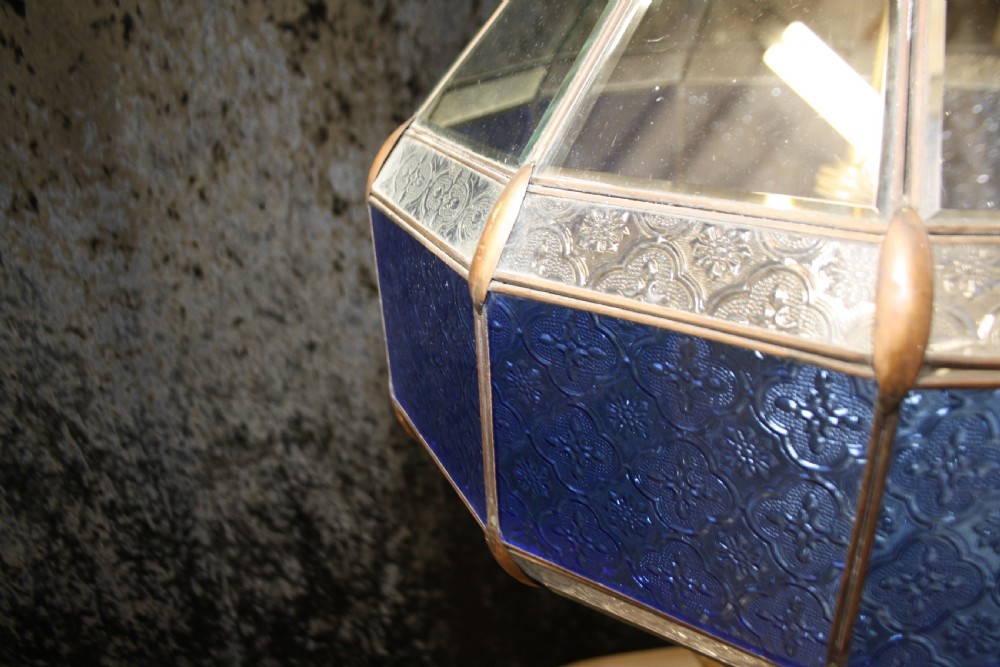 Early 20th century large blue hall lantern with bevelled glass  View VII