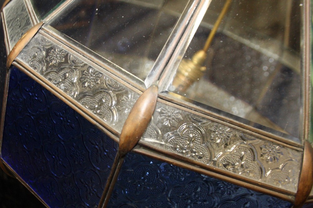 Early 20th century large blue hall lantern with bevelled glass  View IX