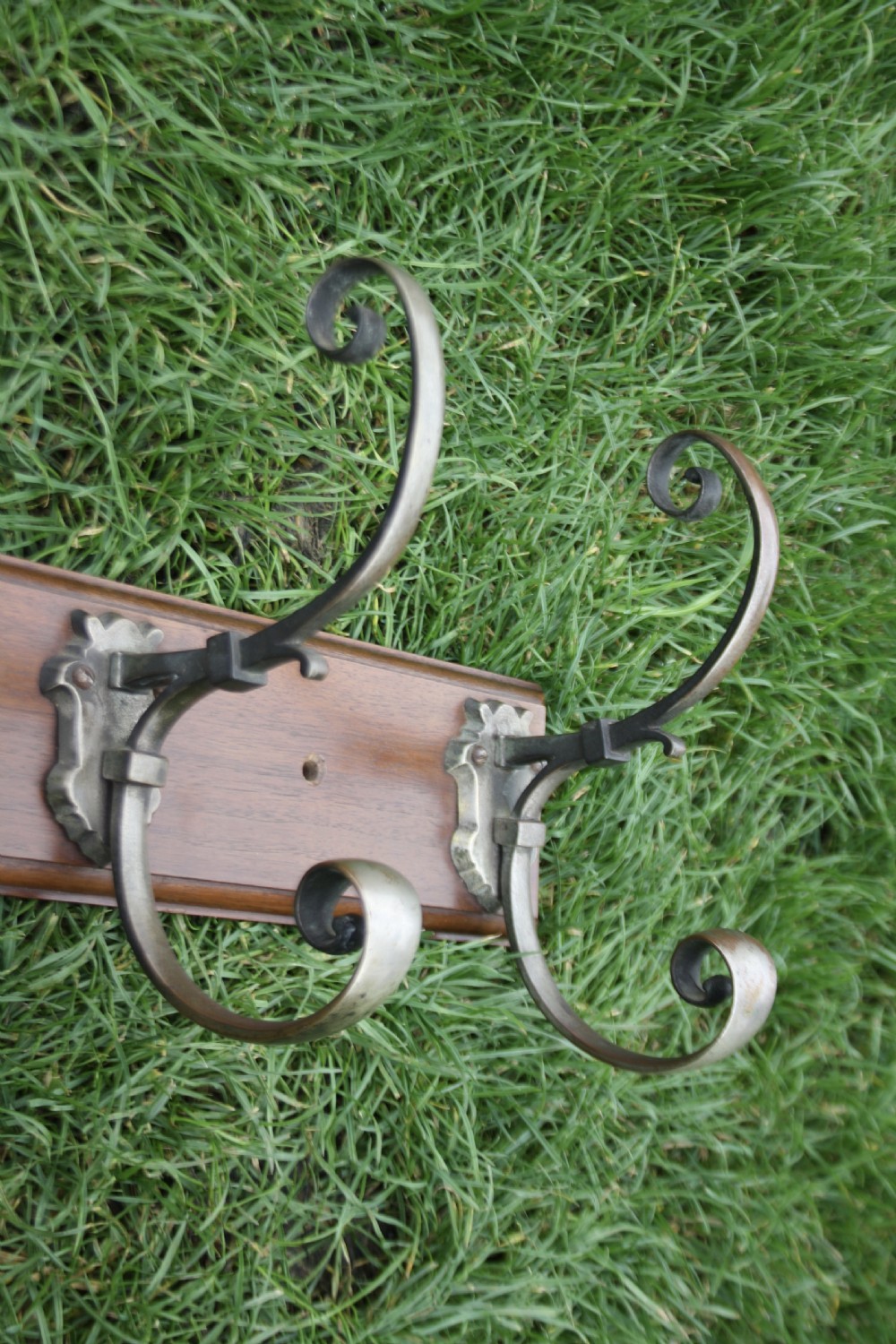 Five Edwardian coat-hooks mounted on walnut View V
